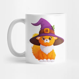 Cute and fluffy cat in a purple witch hat Mug